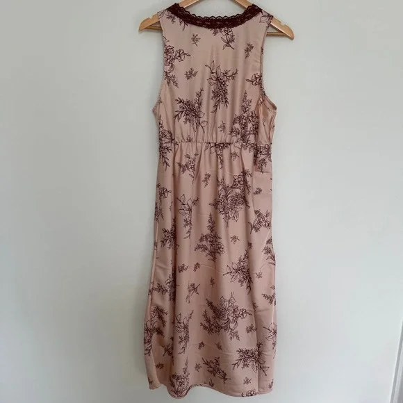 Women's Pink Floral Satin Lace Trim Midi Slip Dress Large Feminine Romantic - Picture 4 of 11
